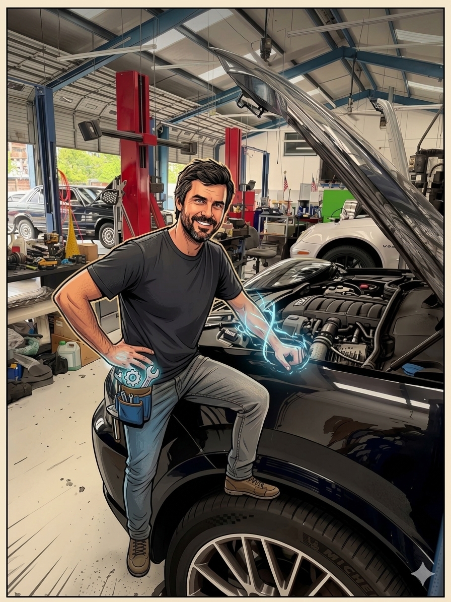 Technician working under the hood of a car in a repair shop